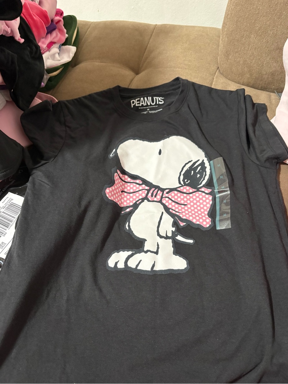 Peanuts Black Tee with Snoopy and Pink Polka Dot Bow
